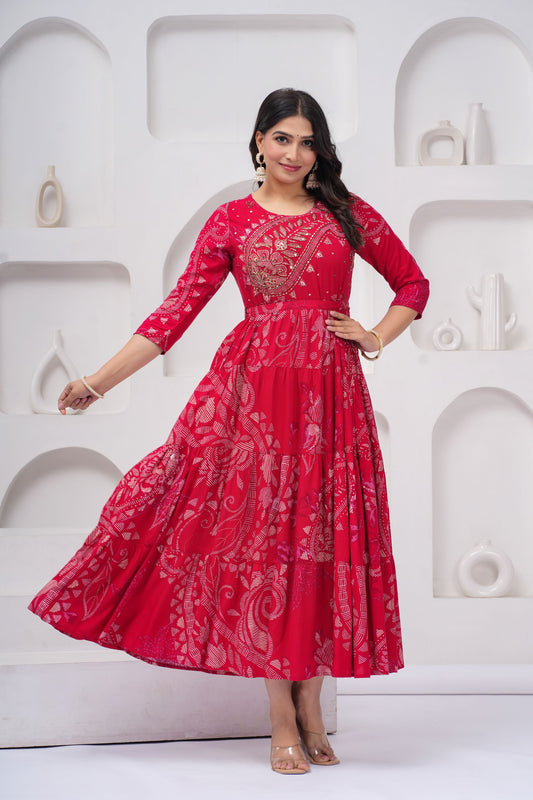 Cherry Red Shahi Buta Handwork Gown