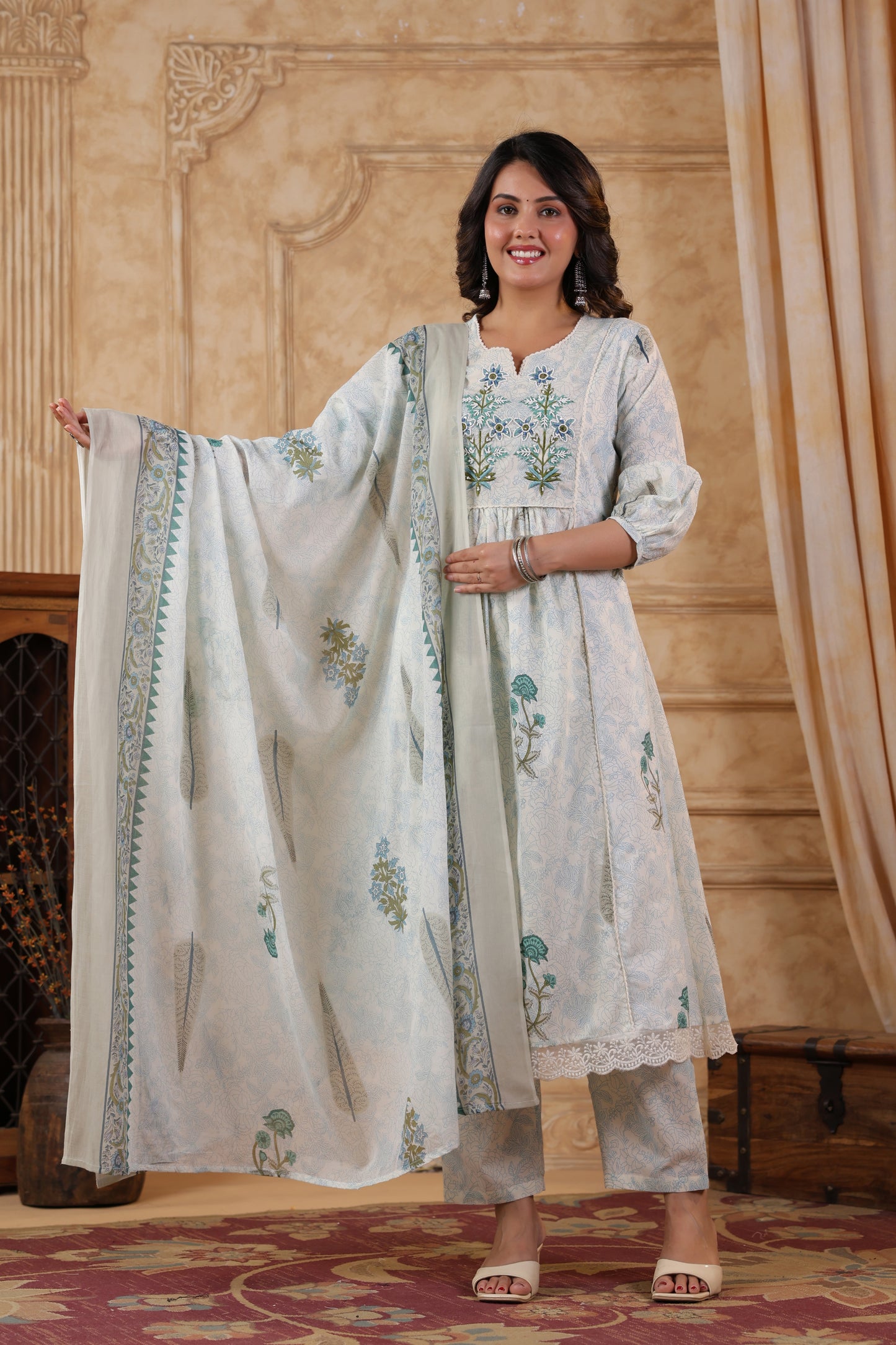 Mughal Butta Cotton Handwork 3-Pcs Suit Set