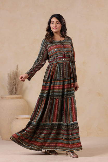 Slate Grey Stripe Handwork Flair Gown