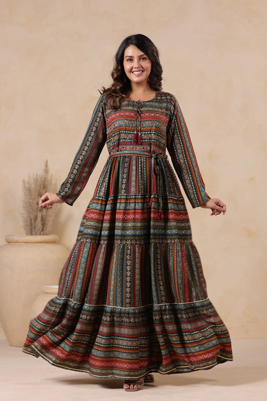 Slate Grey Stripe Handwork Flair Gown