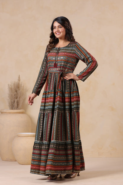 Slate Grey Stripe Handwork Flair Gown
