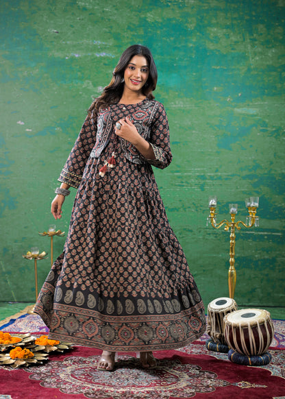 Charcoal Black Kantha Work Jacket Gown