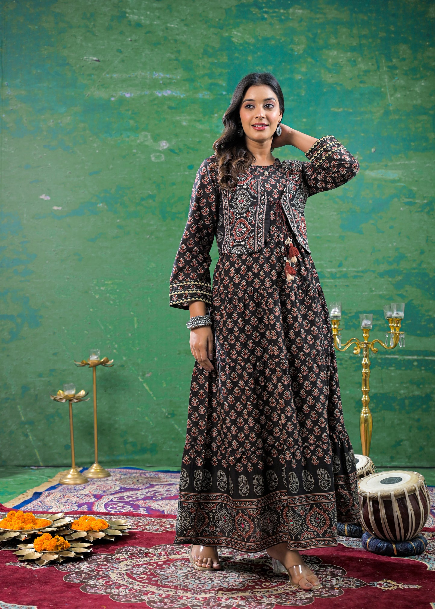 Charcoal Black Kantha Work Jacket Gown