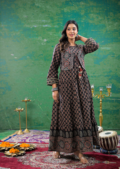 Charcoal Black Kantha Work Jacket Gown