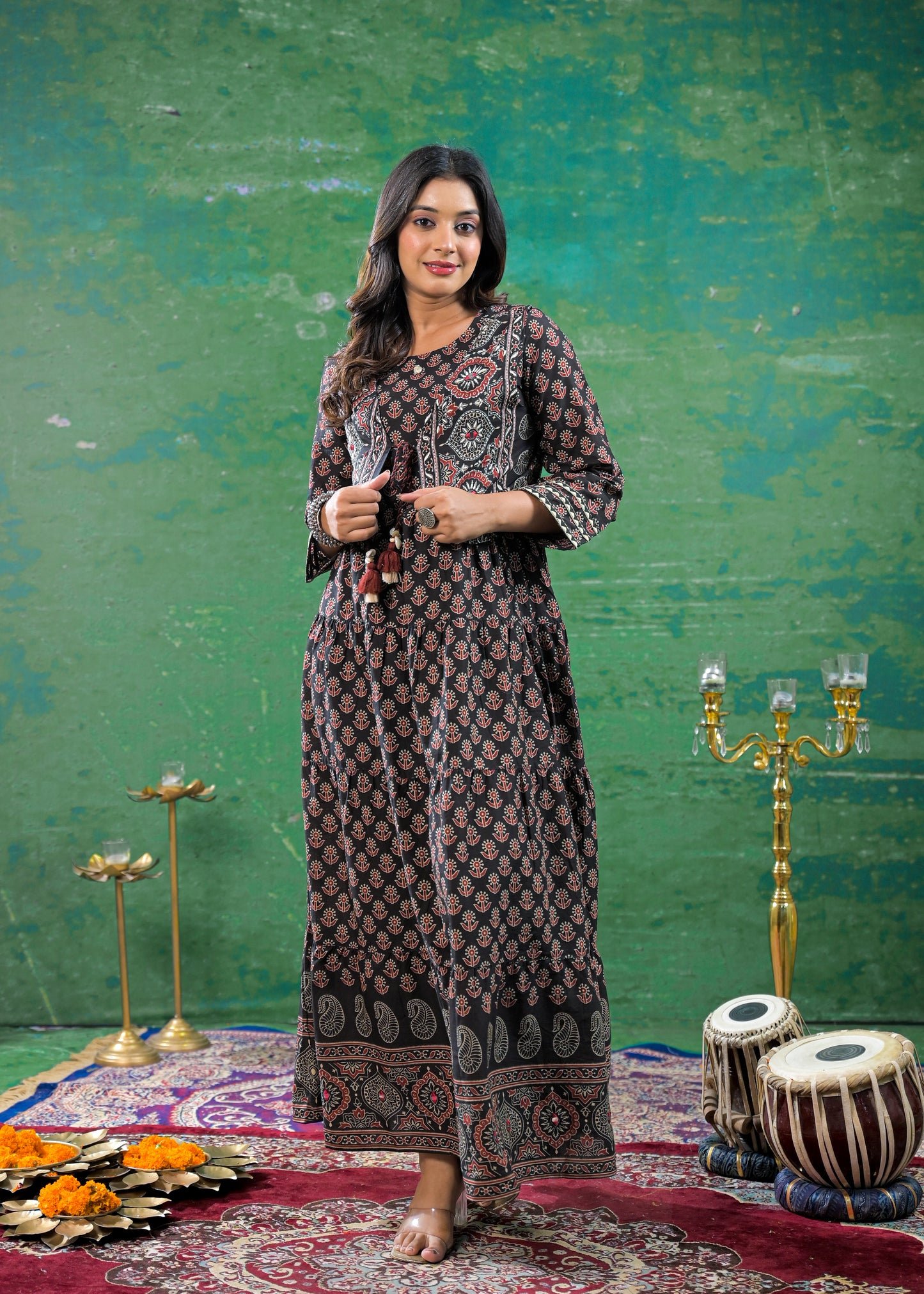 Charcoal Black Kantha Work Jacket Gown