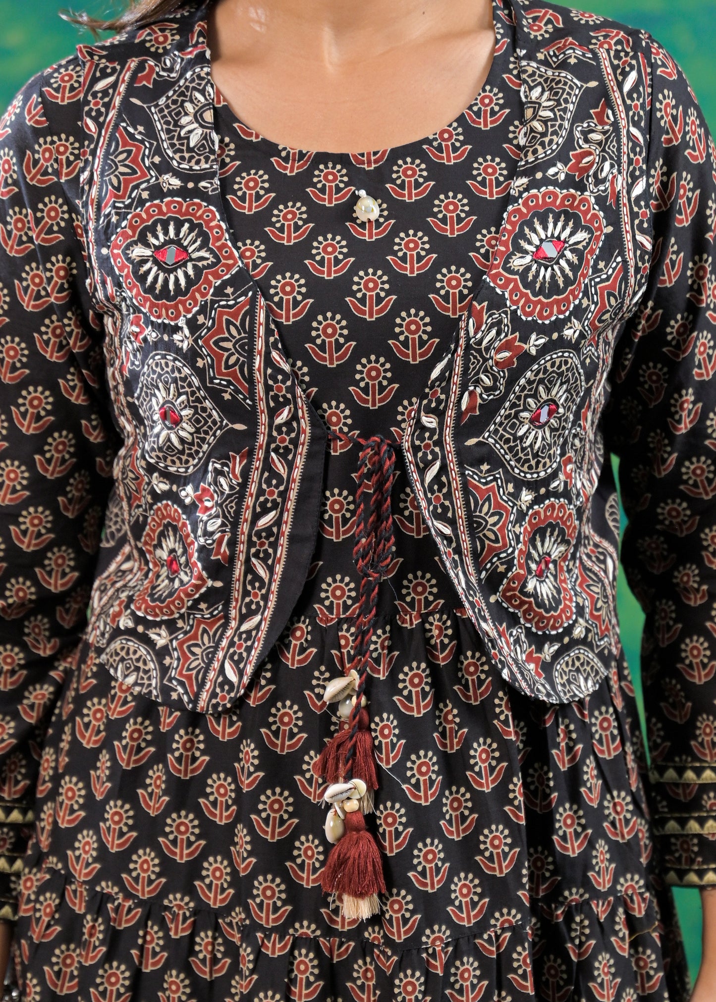 Charcoal Black Kantha Work Jacket Gown