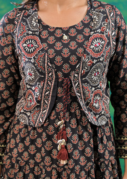 Charcoal Black Kantha Work Jacket Gown