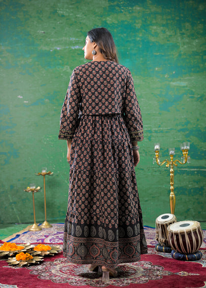 Charcoal Black Kantha Work Jacket Gown