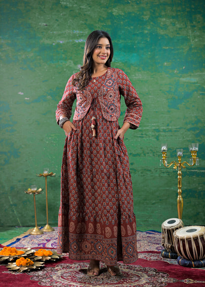 Royal Maroon Kantha Work Jacket Gown