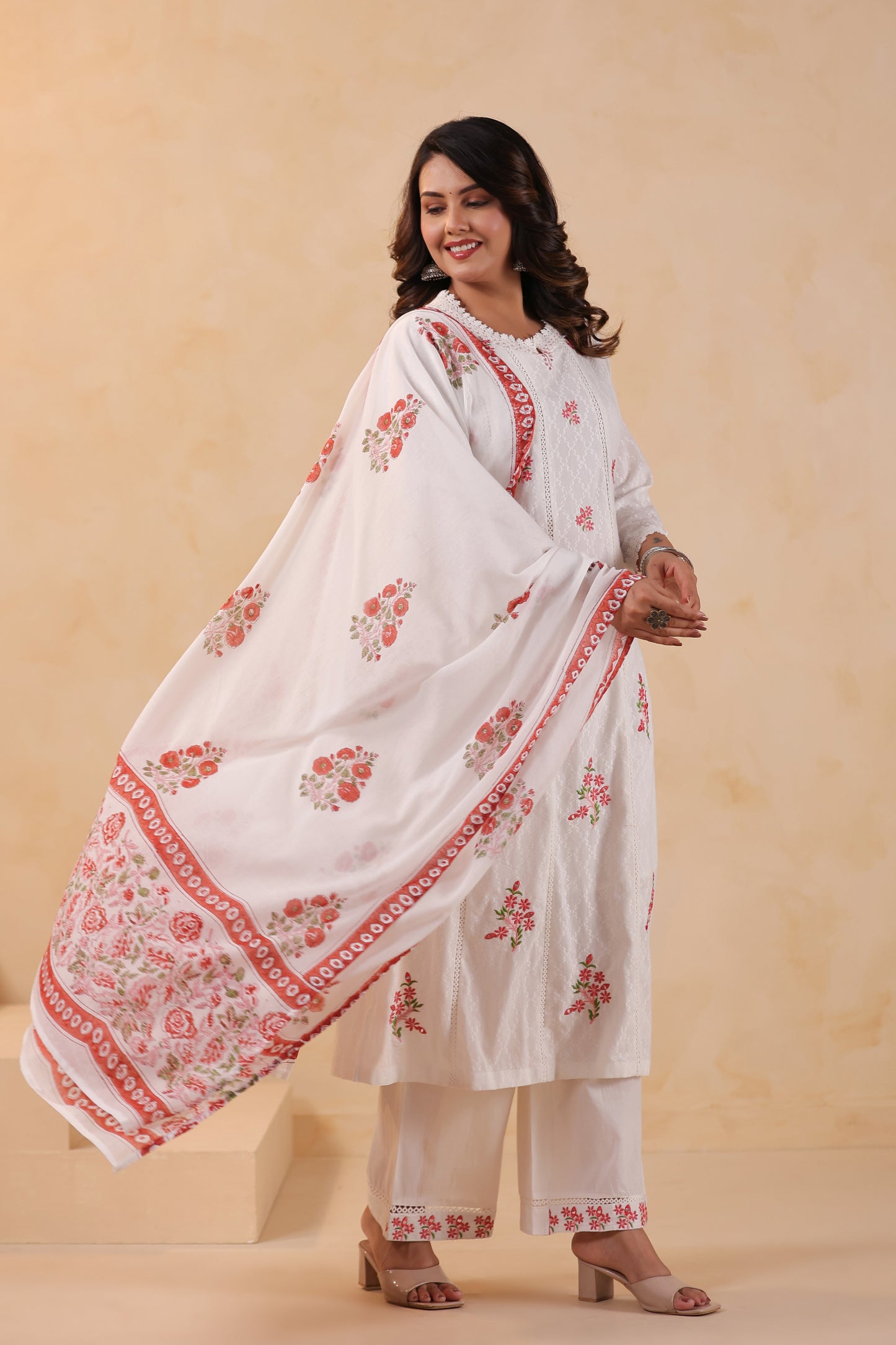 Titan White Floral Embroidered Cotton A-Line 3-Pcs Suit