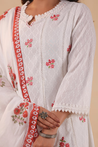 Titan White Floral Embroidered Cotton A-Line 3-Pcs Suit