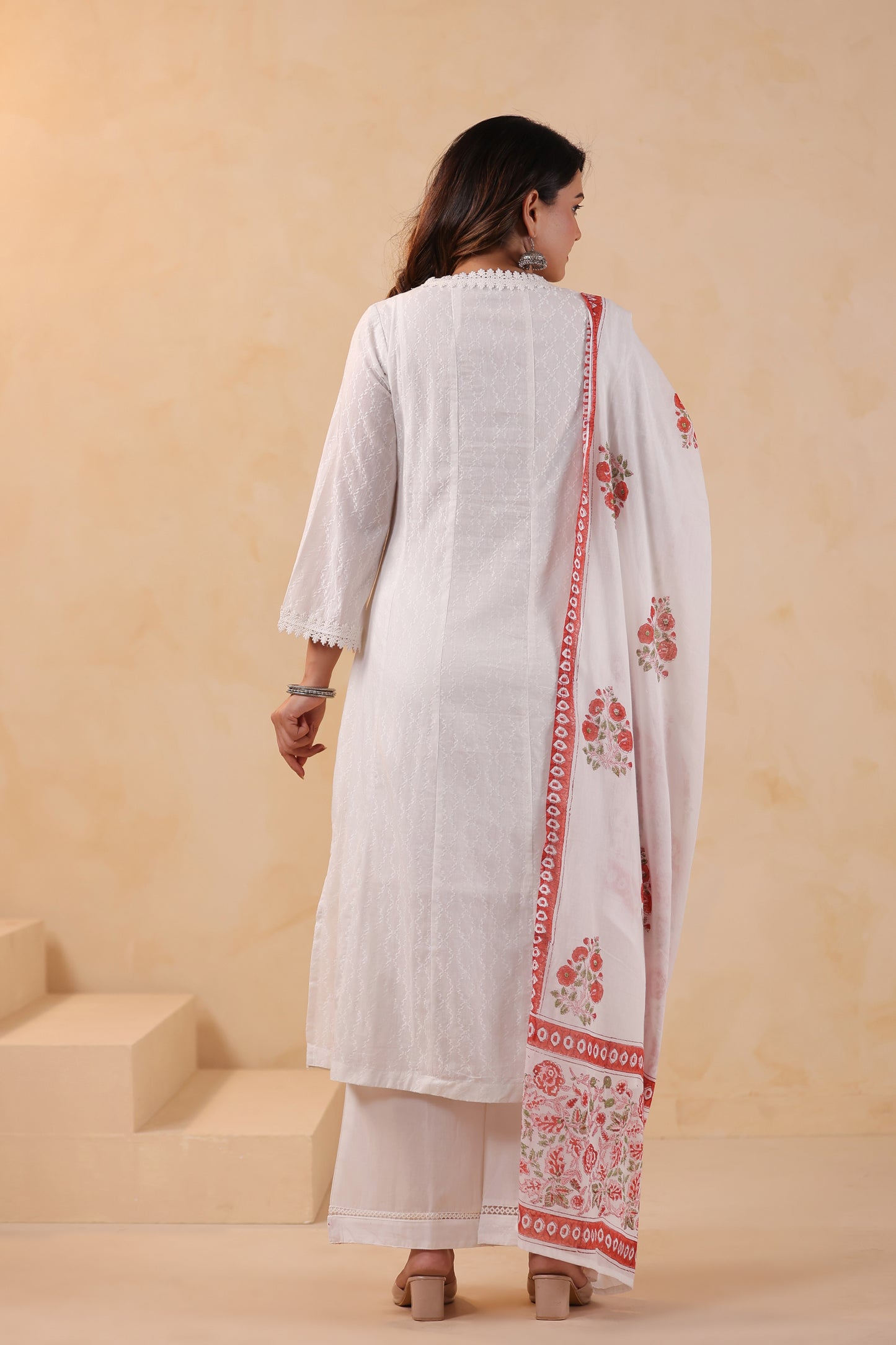 Titan White Floral Embroidered Cotton A-Line 3-Pcs Suit