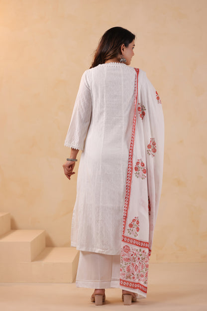 Titan White Floral Embroidered Cotton A-Line 3-Pcs Suit