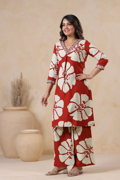 Garnet Red Floral Printed Co-ord Set