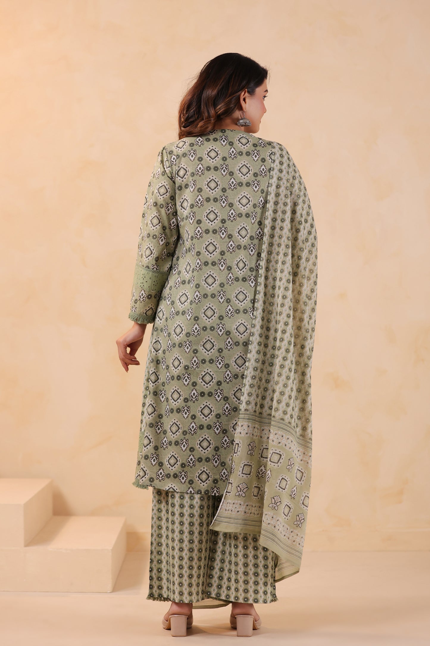 Pistachio A-Line Cotton Handwork 3-Pcs Suit Set