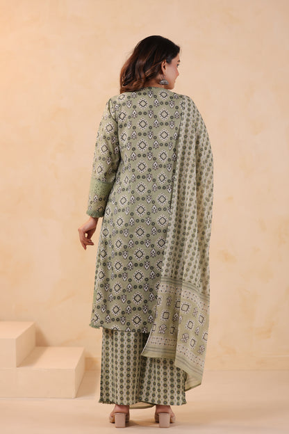 Pistachio A-Line Cotton Handwork 3-Pcs Suit Set