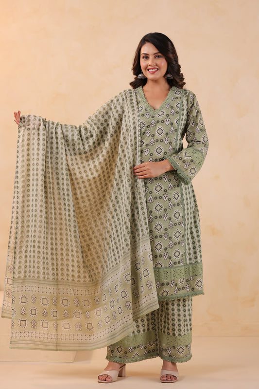 Pistachio A-Line Cotton Handwork 3-Pcs Suit Set