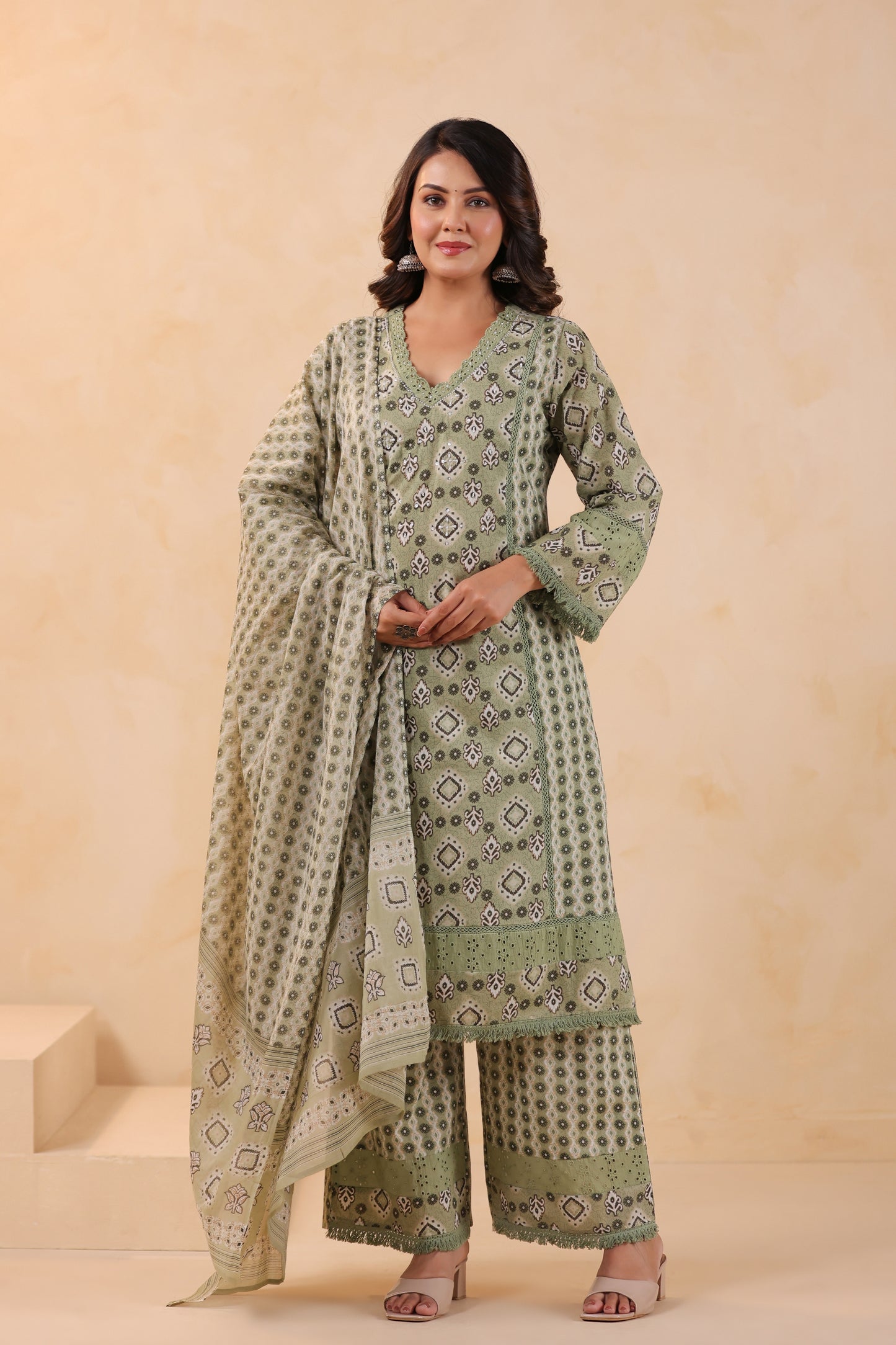 Pistachio A-Line Cotton Handwork 3-Pcs Suit Set