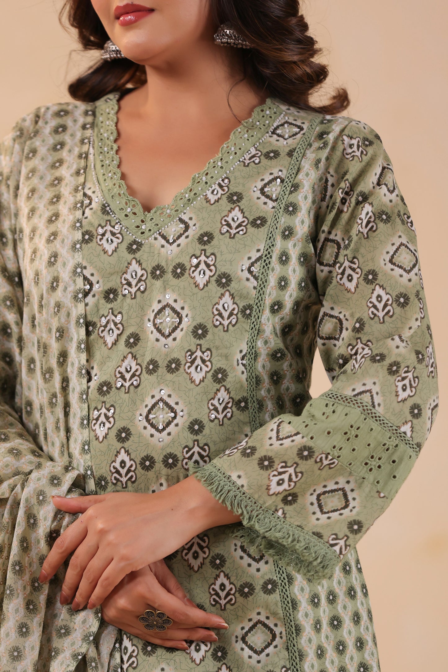 Pistachio A-Line Cotton Handwork 3-Pcs Suit Set