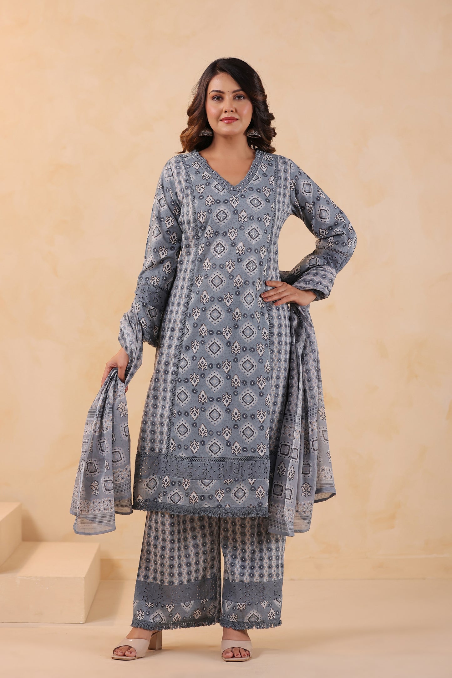 Rhythm A-Line Cotton Handwork 3-Pcs Suit Set