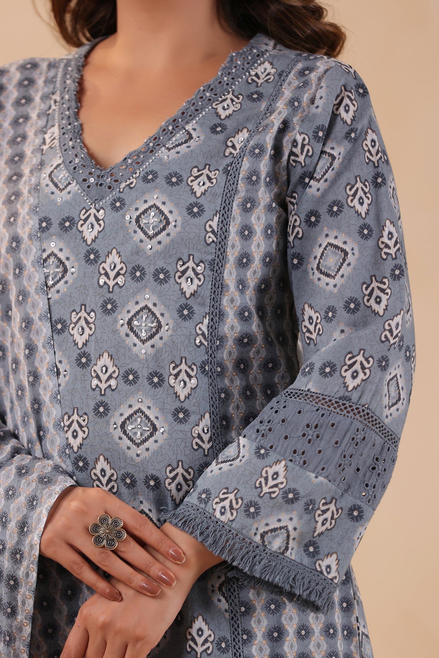 Rhythm A-Line Cotton Handwork 3-Pcs Suit Set