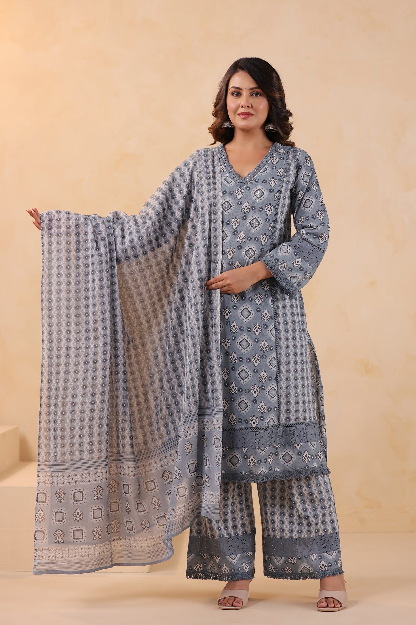 Rhythm A-Line Cotton Handwork 3-Pcs Suit Set