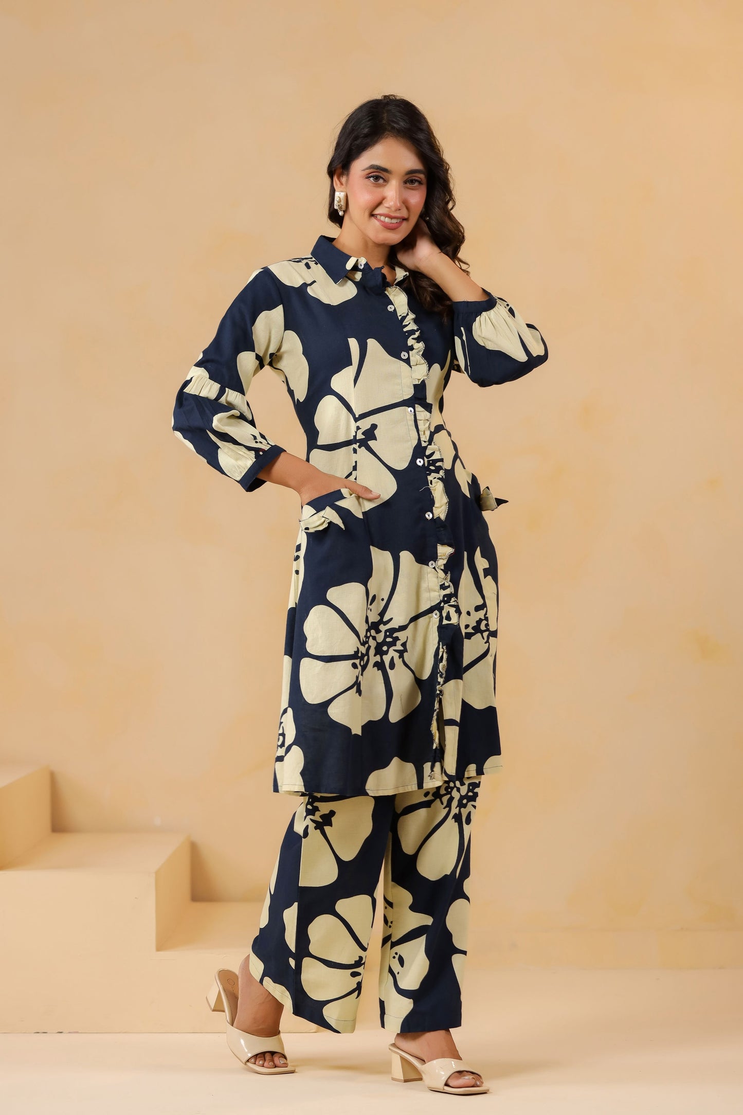 Peacock Blue Frill Pleat Co-ord Set