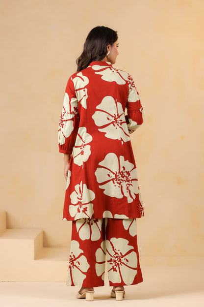 Garnet Red Floral Print Flex Co-ord set