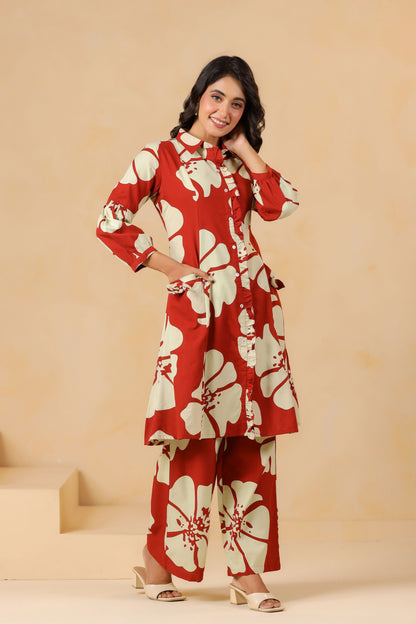 Garnet Red Floral Print Flex Co-ord set
