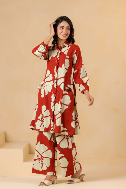 Garnet Red Floral Print Flex Co-ord set