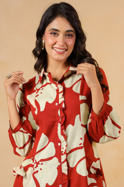 Garnet Red Floral Print Flex Co-ord set