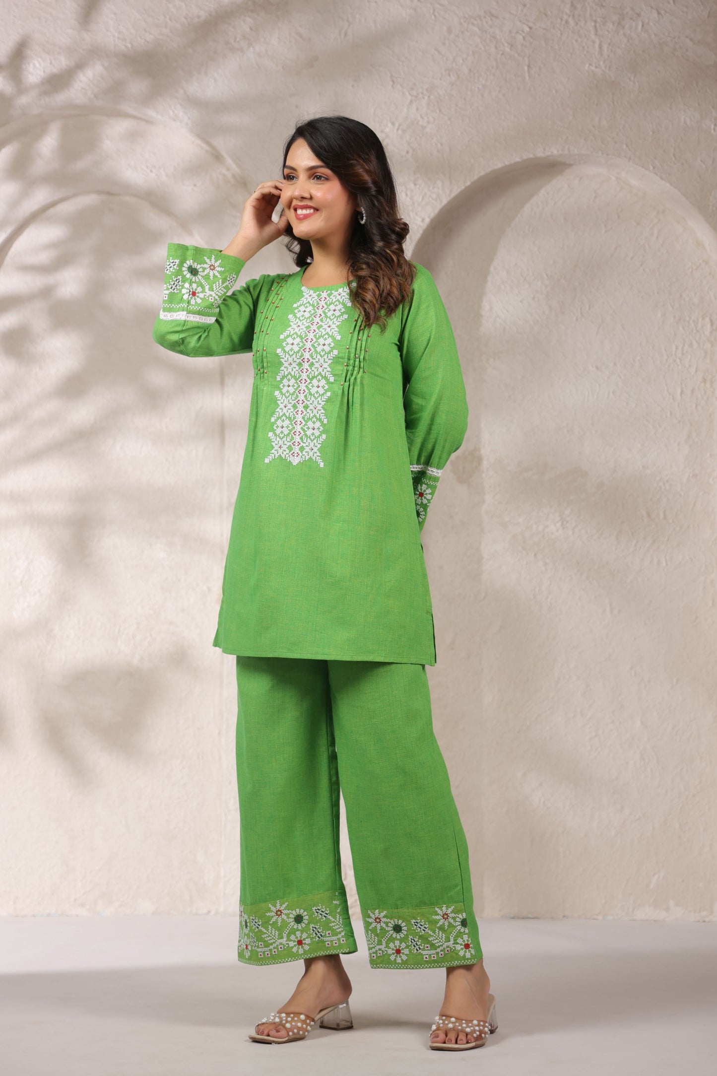 Neon Green Pleated Handwork Co-ord Set