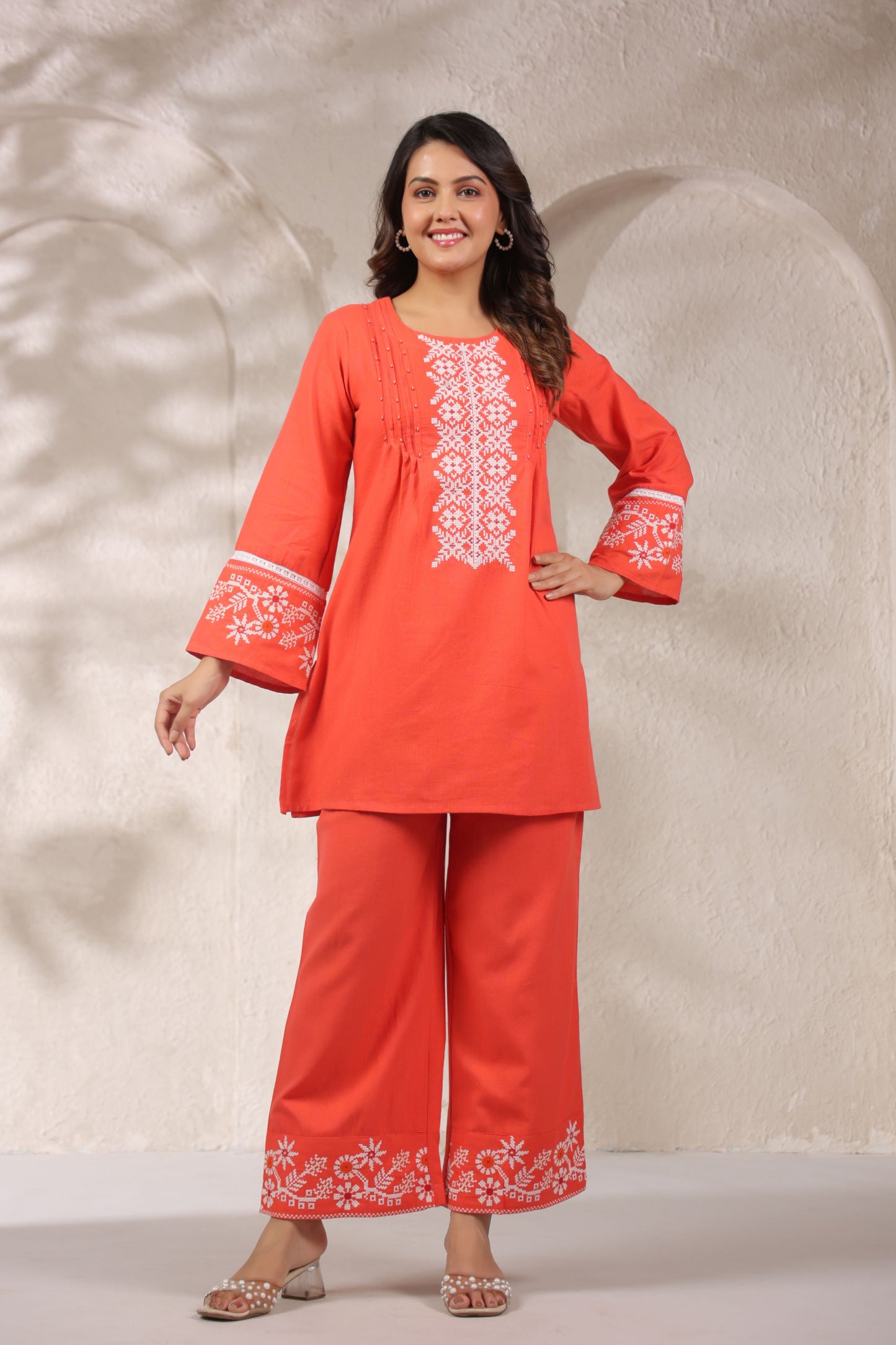 Tangerine Pleated Handwork Co-ord Set