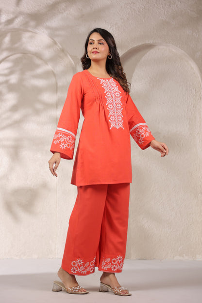 Tangerine Pleated Handwork Co-ord Set