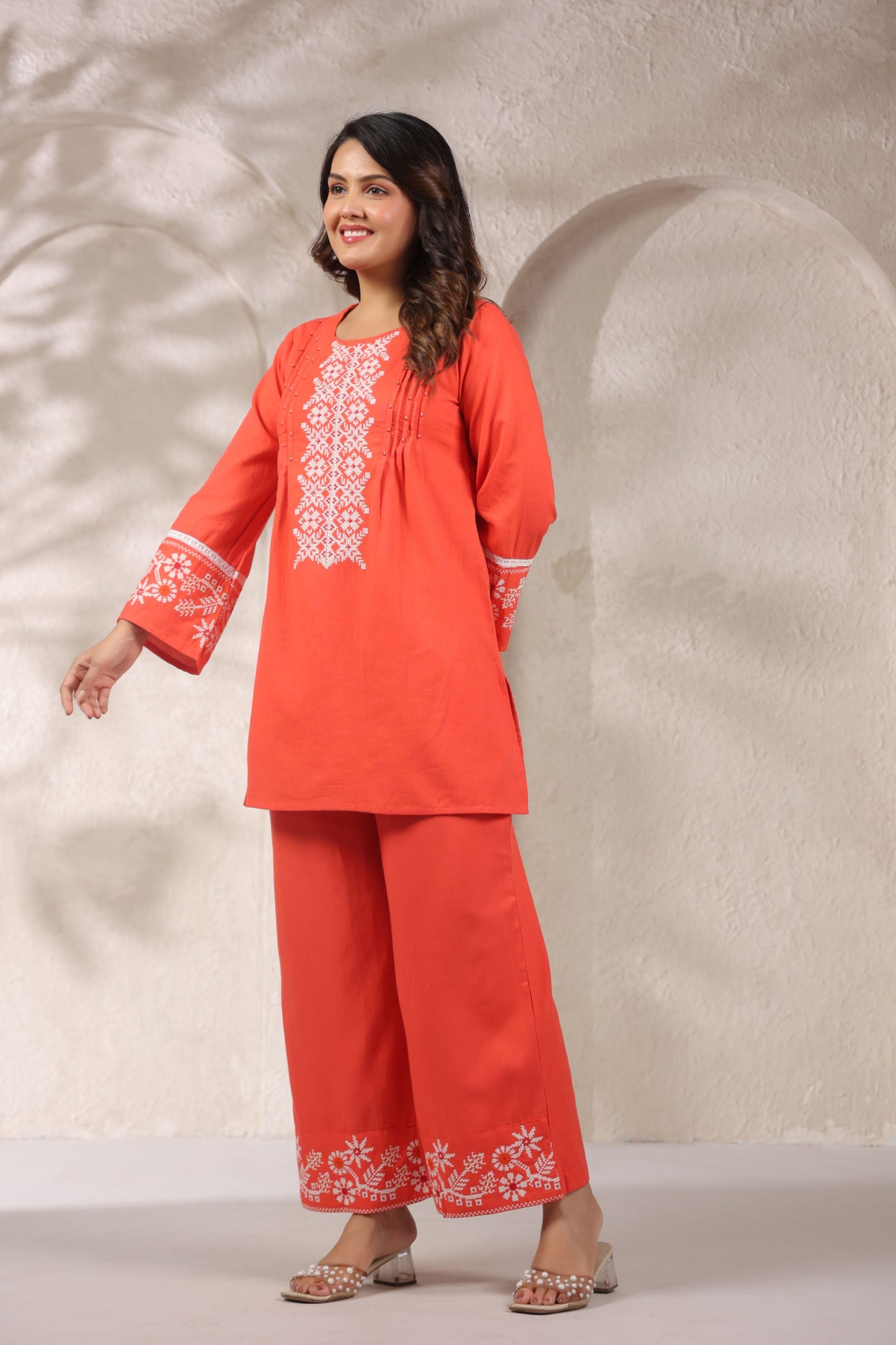 Tangerine Pleated Handwork Co-ord Set