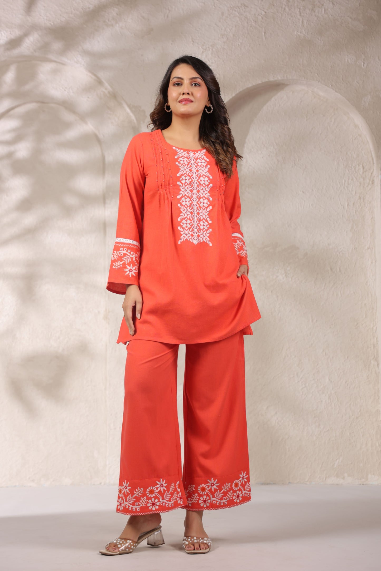 Tangerine Pleated Handwork Co-ord Set