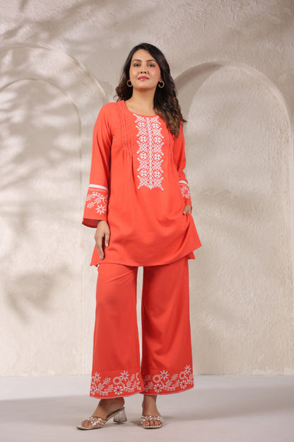 Tangerine Pleated Handwork Co-ord Set