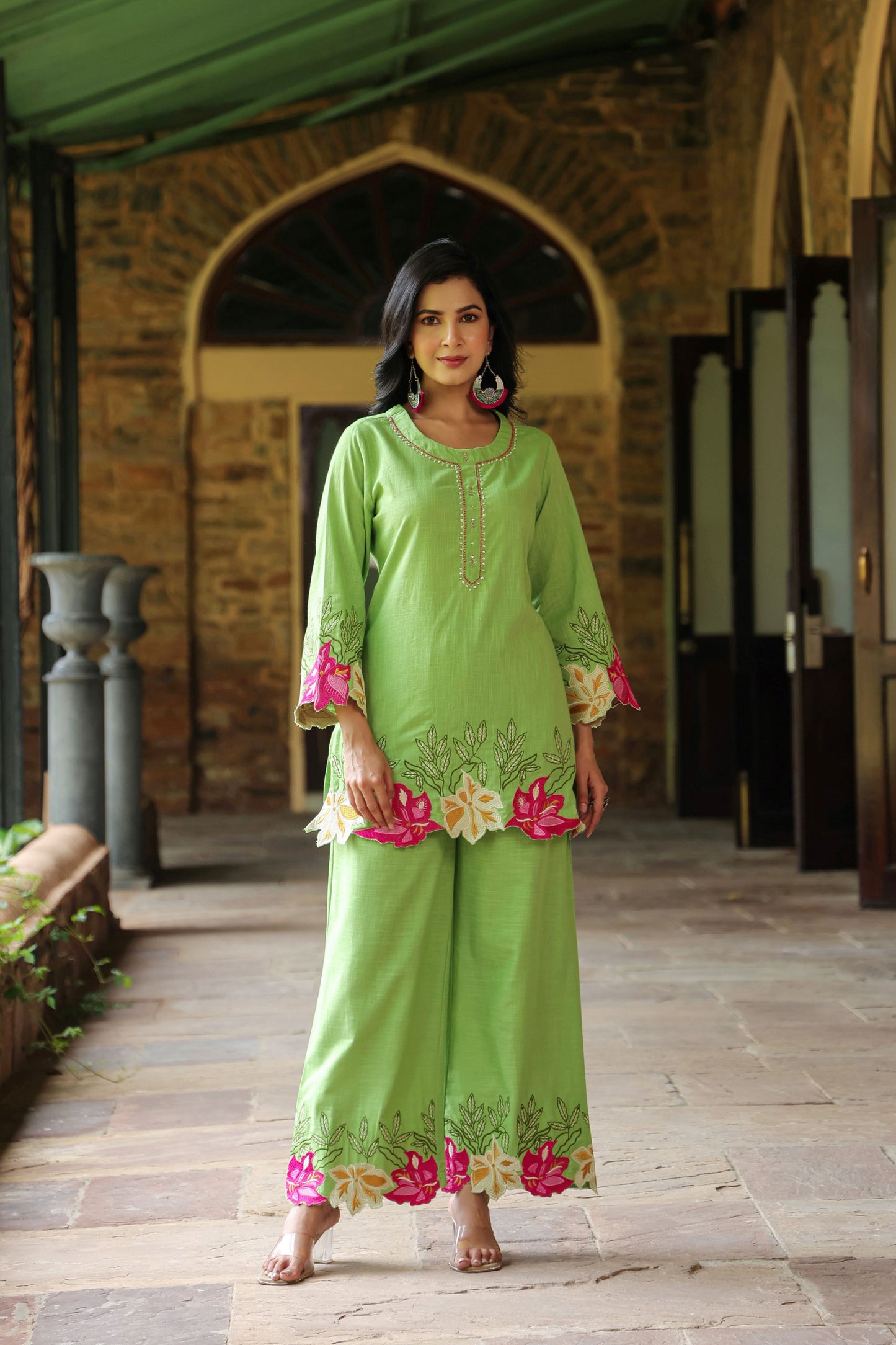 Green Floral Embroidered Co-ord Set