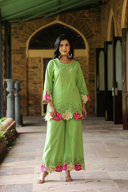 Green Floral Embroidered Co-ord Set