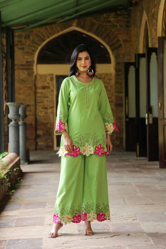 Green Floral Embroidered Co-ord Set