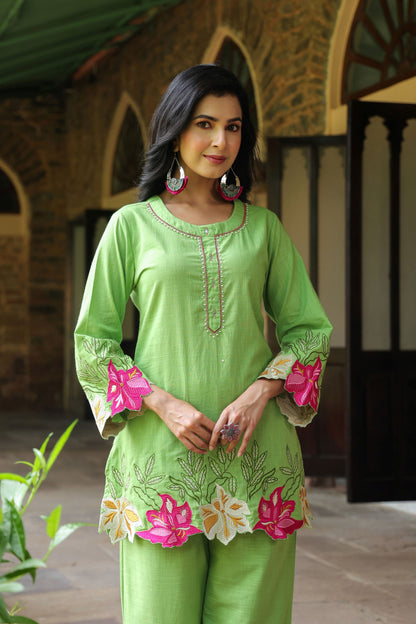 Green Floral Embroidered Co-ord Set