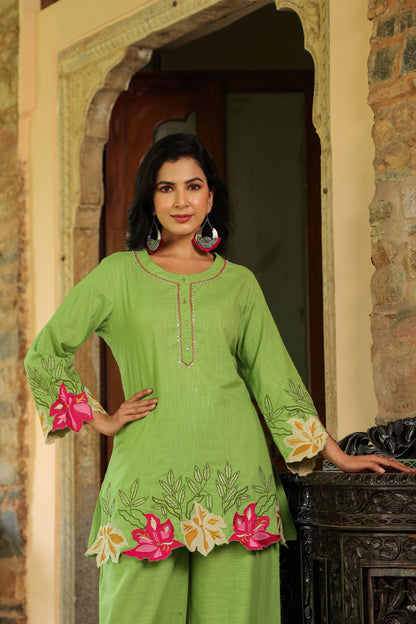 Green Floral Embroidered Co-ord Set