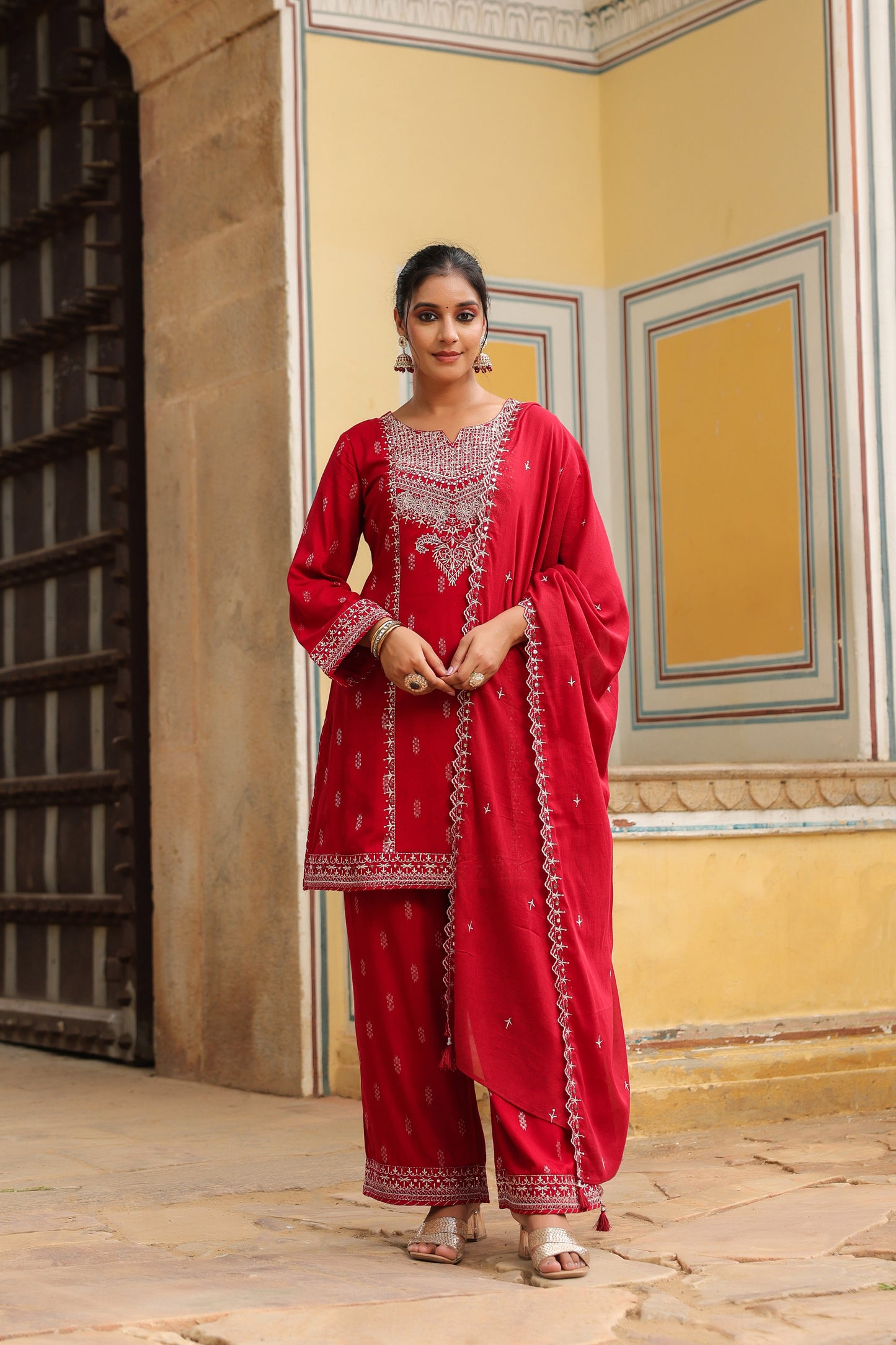 Maroon Embroidery 3-Pcs Suit Set