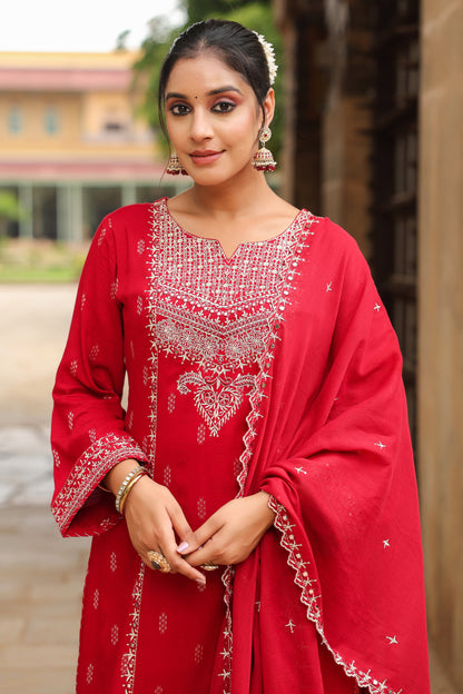 Maroon Embroidery 3-Pcs Suit Set