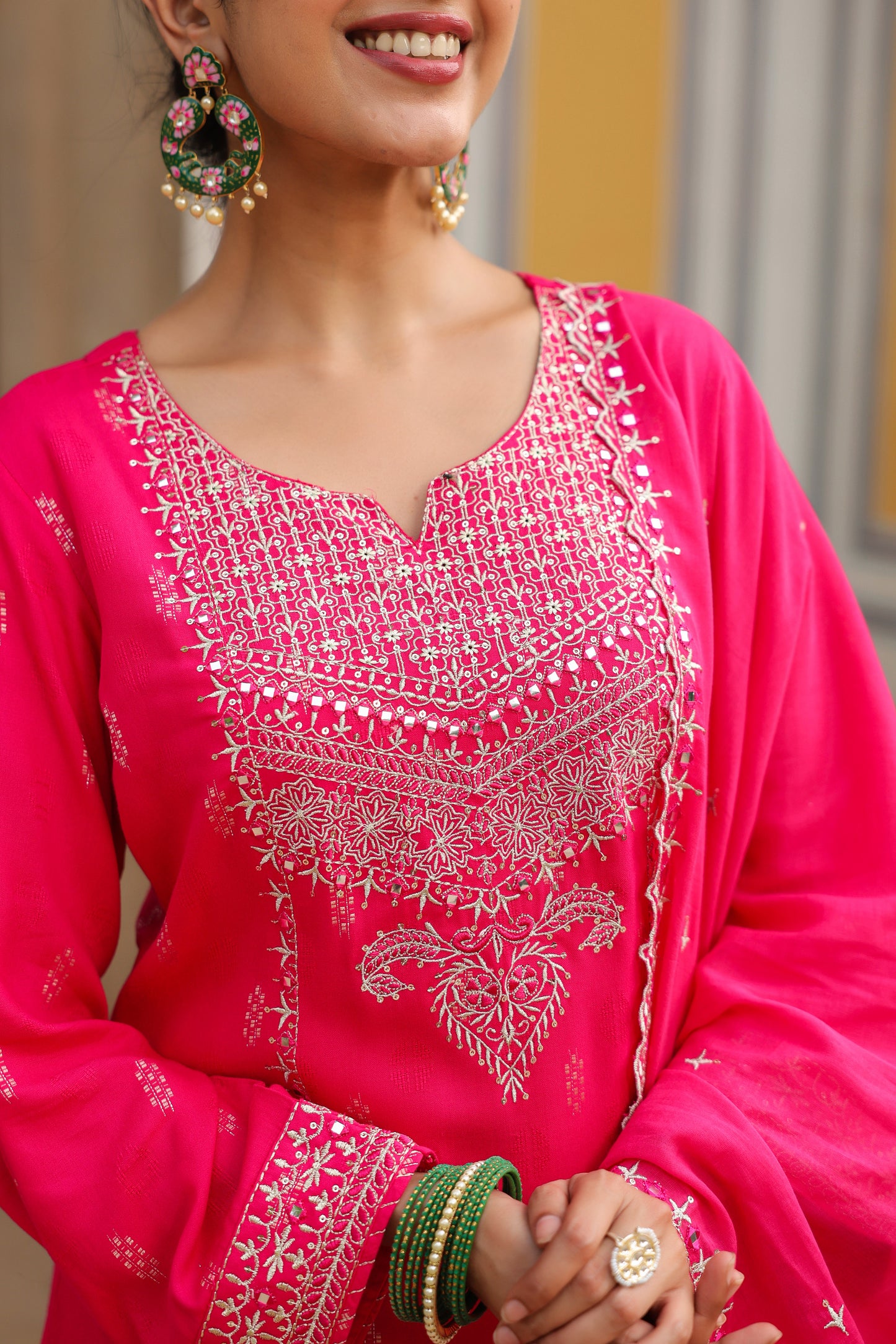 Fuchsia Pink Embroidery 3-Pcs Suit Set