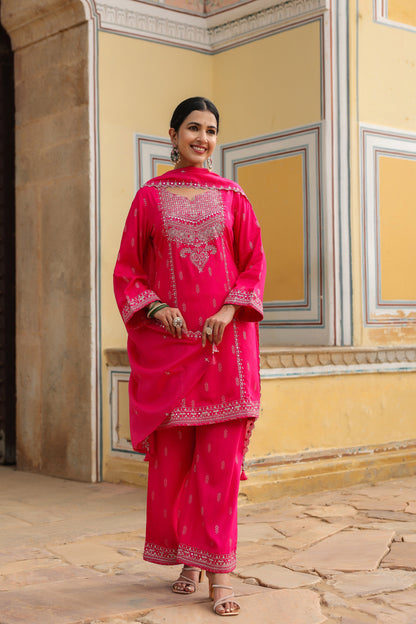 Fuchsia Pink Embroidery 3-Pcs Suit Set