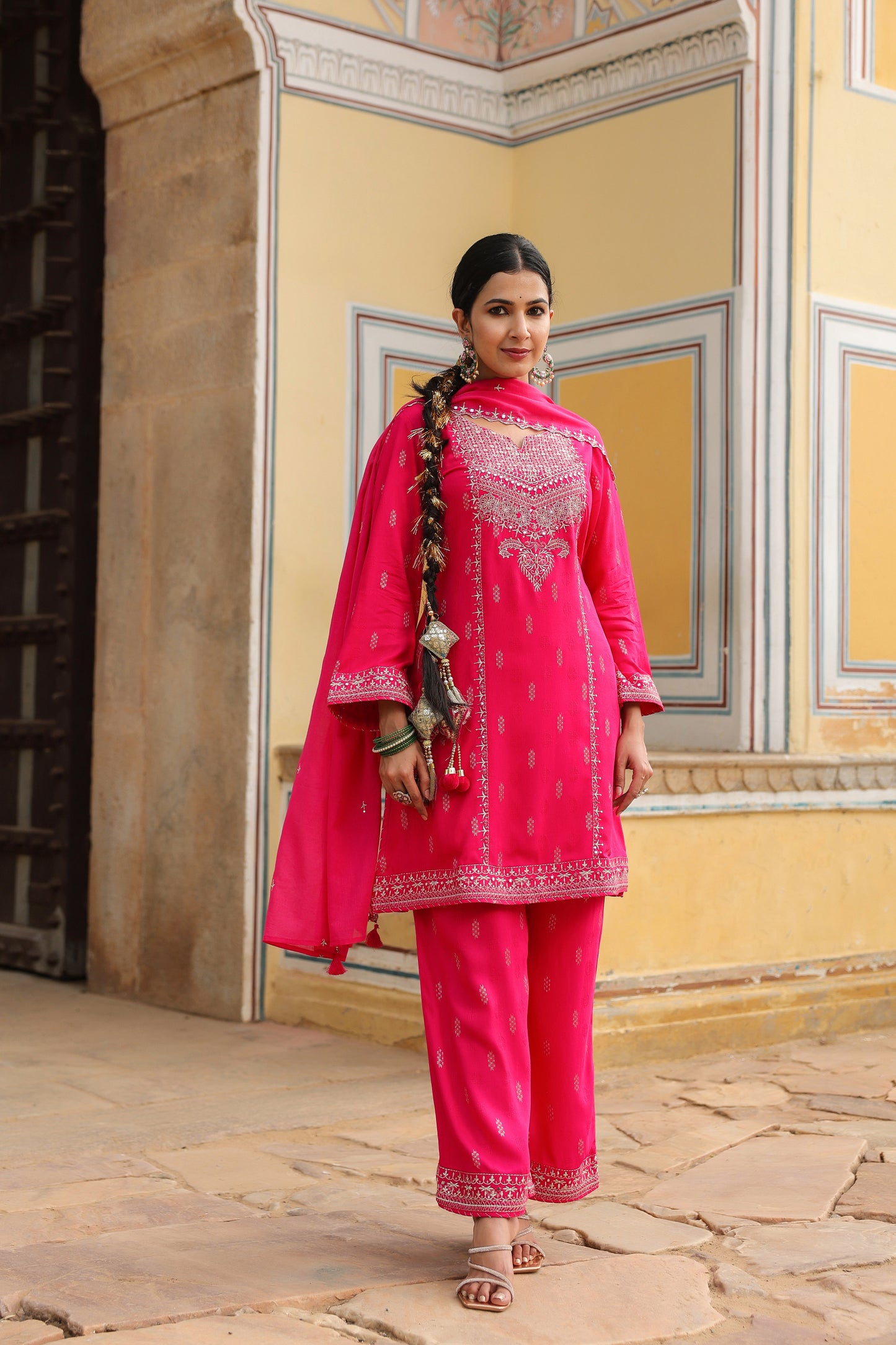Fuchsia Pink Embroidery 3-Pcs Suit Set