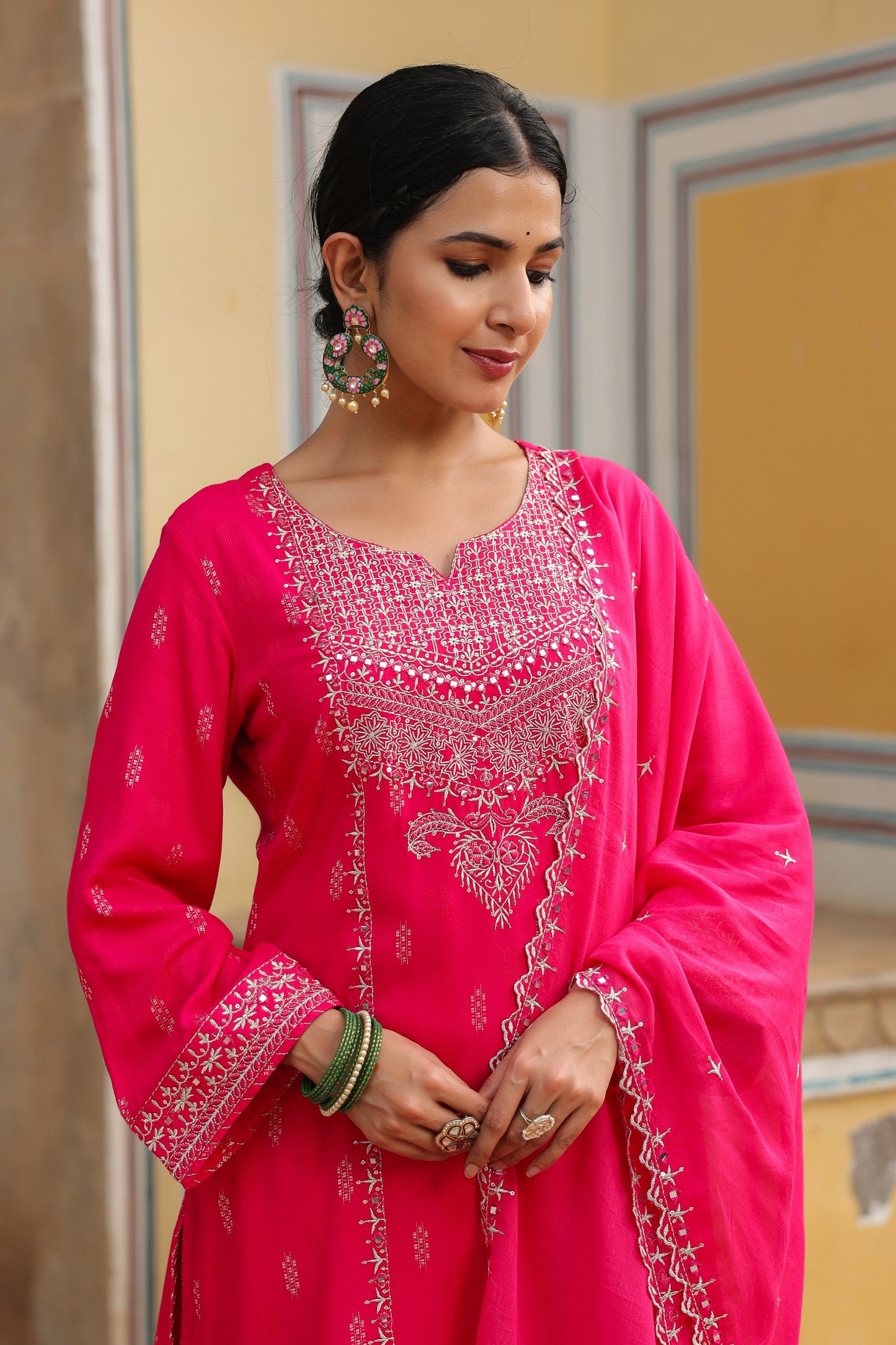 Fuchsia Pink Embroidery 3-Pcs Suit Set