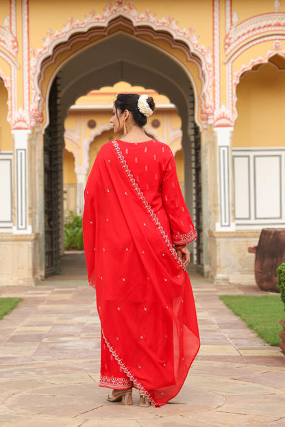 Cadmium Red Embroidery 3-Pcs Suit Set