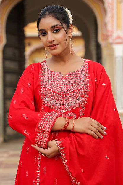 Cadmium Red Embroidery 3-Pcs Suit Set